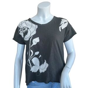 Anthropologie Pilcro Greenish Gray Floral Print Cotton Linen Raw Edge Tee XS